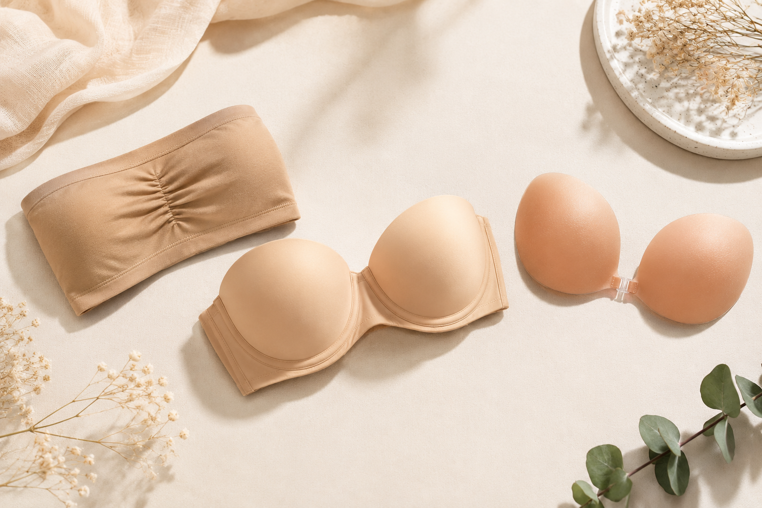 Image sgowing Bandeau, Strapless, and Adhesive Bra placing on a beige Background  
