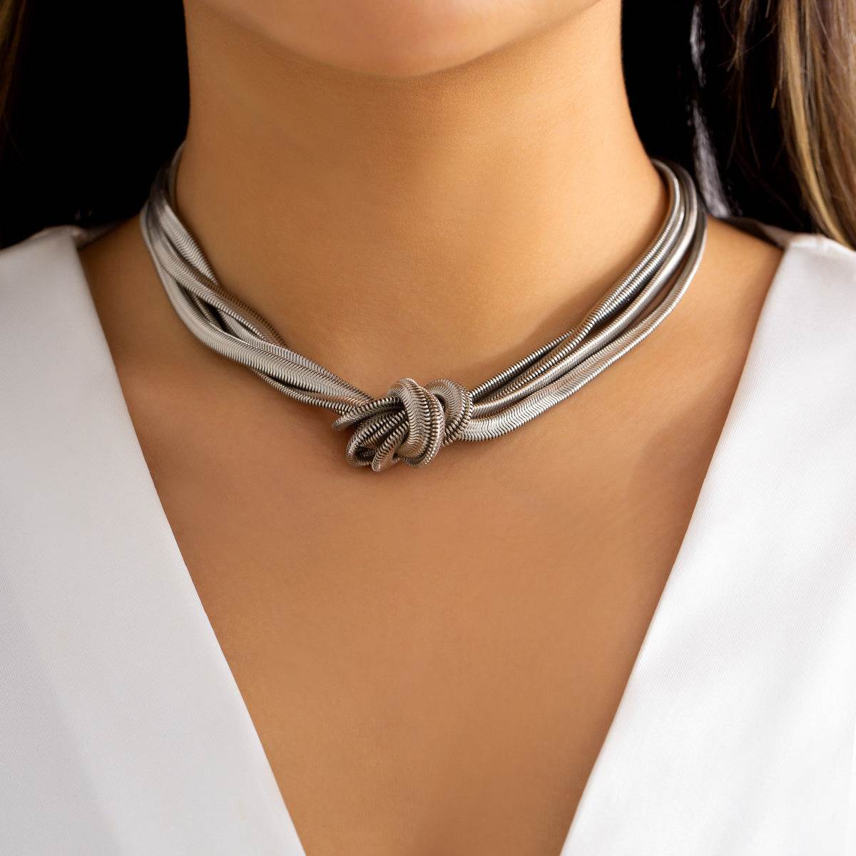Elegant silver knot choker necklace for women, stylish everyday accessory with layered design
