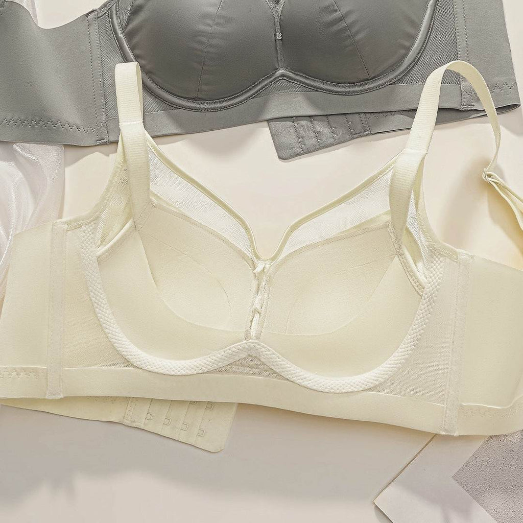 Cream and gray wireless bras with mesh detailing, designed for comfort and everyday elegance.