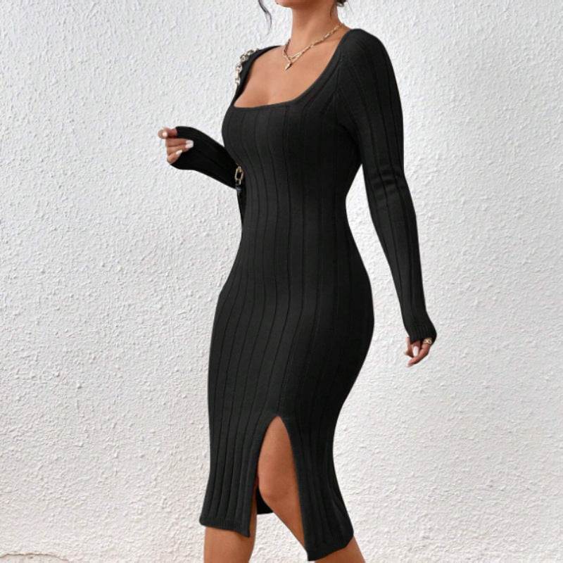Black ribbed long sleeve midi dress with side slit and square neckline for women's elegant everyday wear