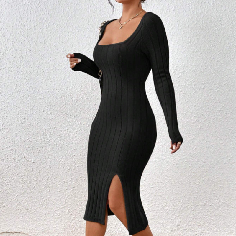Square Collar Long Sleeve Knitted Dress