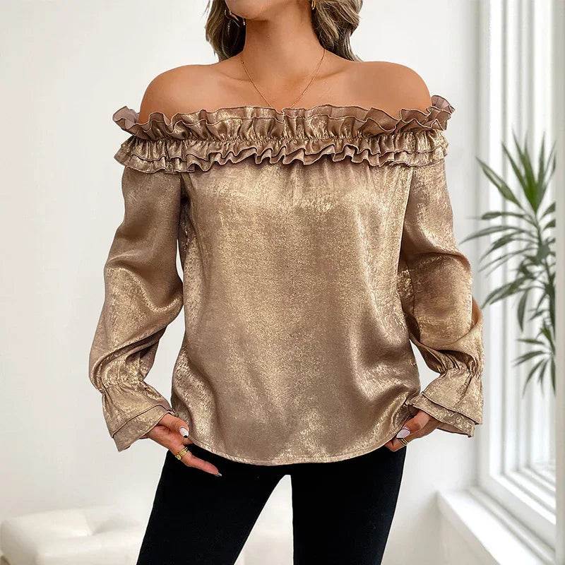 Gold off-shoulder ruffle blouse with long sleeves, elegant women's fashion top for everyday wear