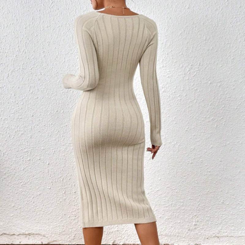 Beige ribbed knit midi dress with long sleeves, back view, for elegant everyday wear
