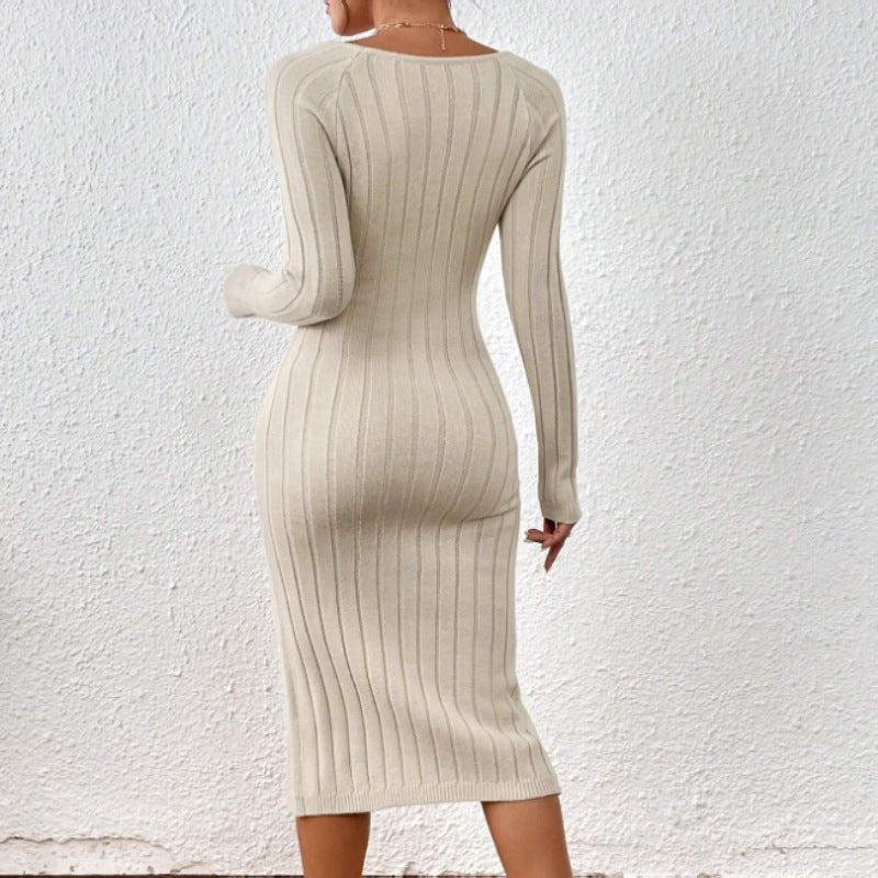 Square Collar Long Sleeve Knitted Dress