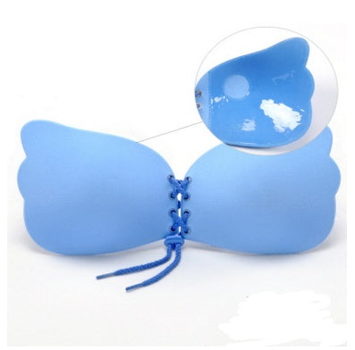 Blue silicone strapless bra with lace-up front, ideal for shapewear and seamless comfort under dresses