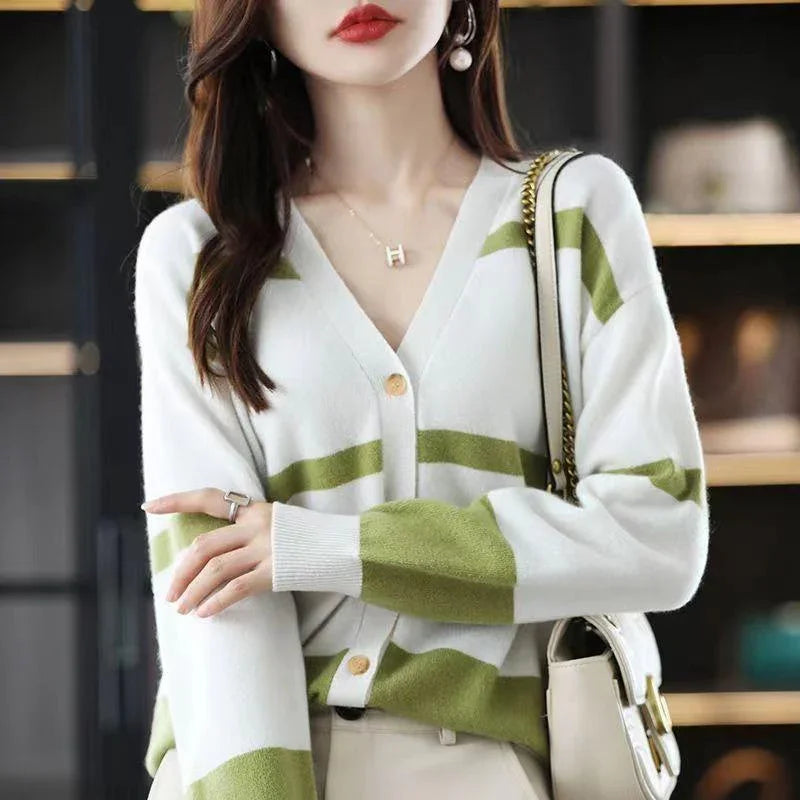 Fashion Striped Button Knitted Cardigan V-neck