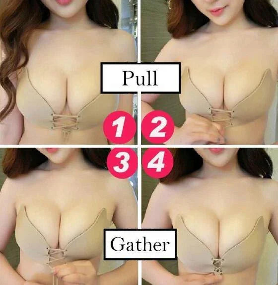 Beige lace-up push-up bra demonstrating pull and gather adjustments for lift and shaping