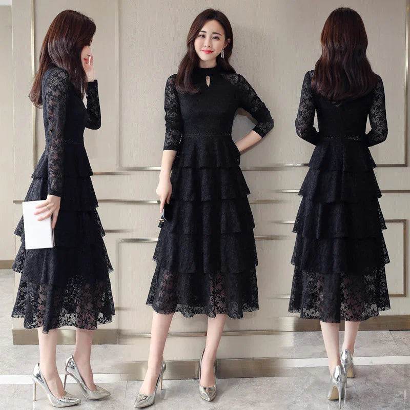 Elegant black lace midi dress with tiered ruffles, long sleeves, and high heels for women’s fashion