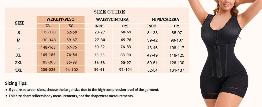 Size guide for a waist trainer and butt lifting shapewear.