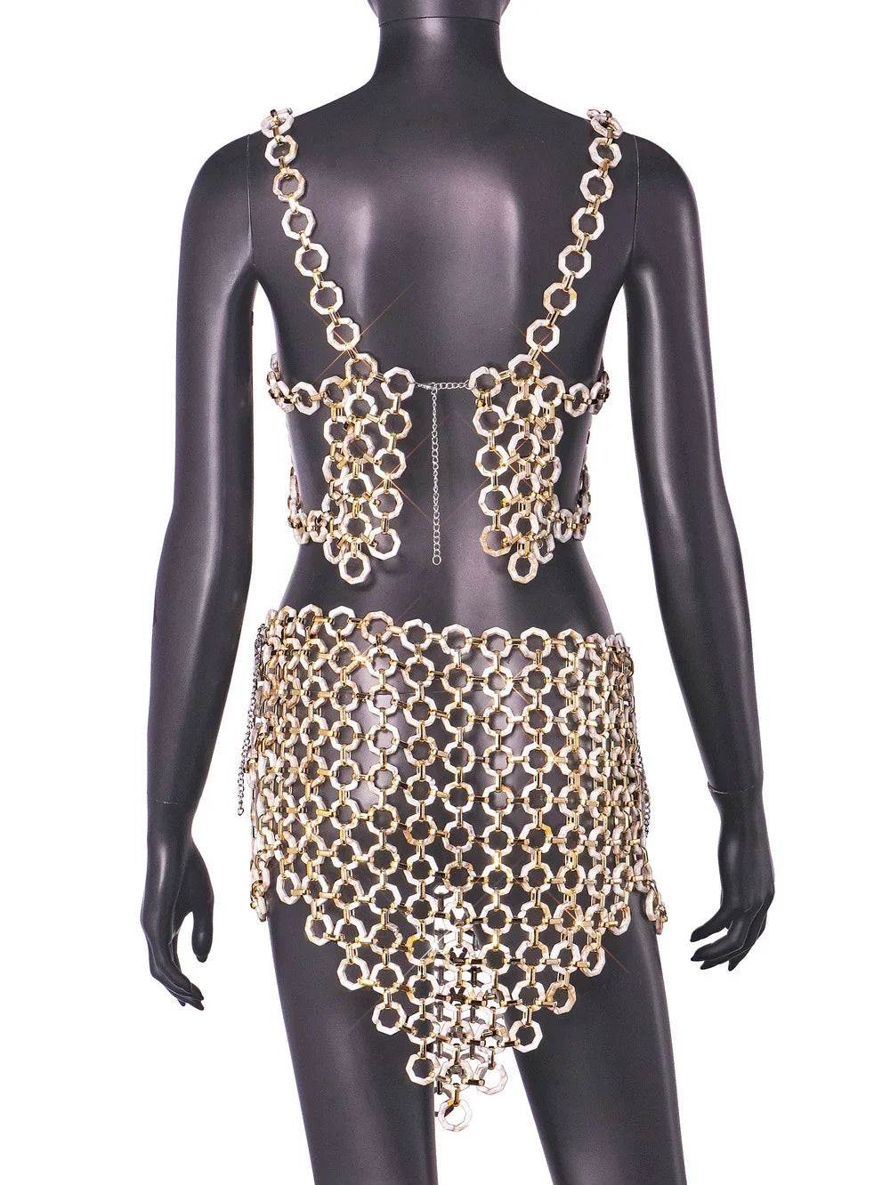 Gold chain link lingerie set with backless design and hip skirt, elegant women's fashion wear