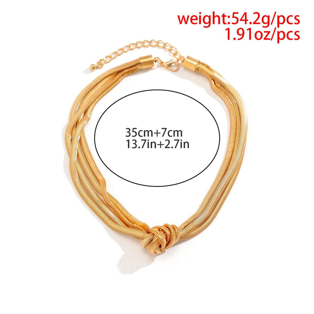 Gold snake chain necklace with knotted front, 35cm + 7cm extender, lightweight women's fashion accessory