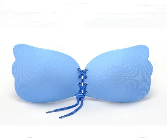 Blue strapless adhesive bra with lace-up front for seamless comfort and support