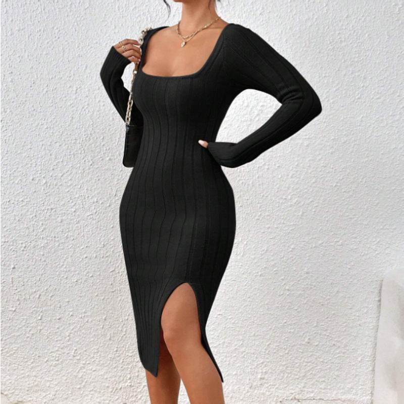 Black ribbed long sleeve midi dress with side slit, perfect for elegant everyday wear