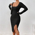 Black ribbed long sleeve midi dress with side slit, perfect for elegant everyday wear