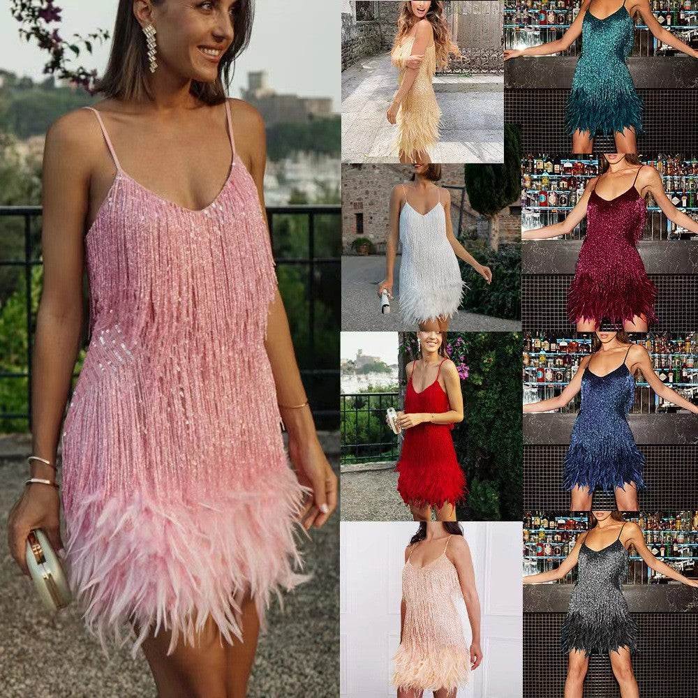 Elegant feathered maxi dresses in pink, red, blue, and more for women's fashion and confidence