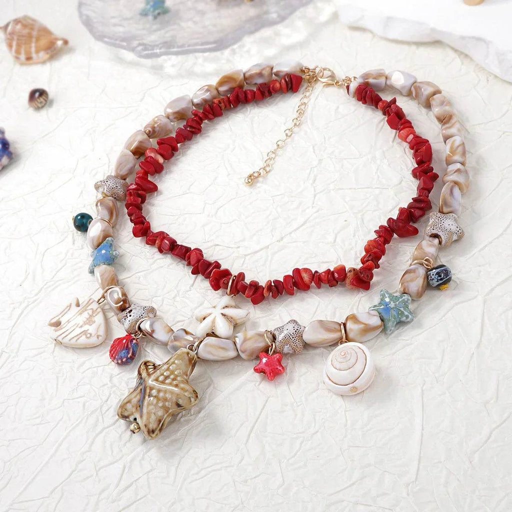 Red coral and shell bead necklace with starfish and seashell charms for beach style women's jewelry
