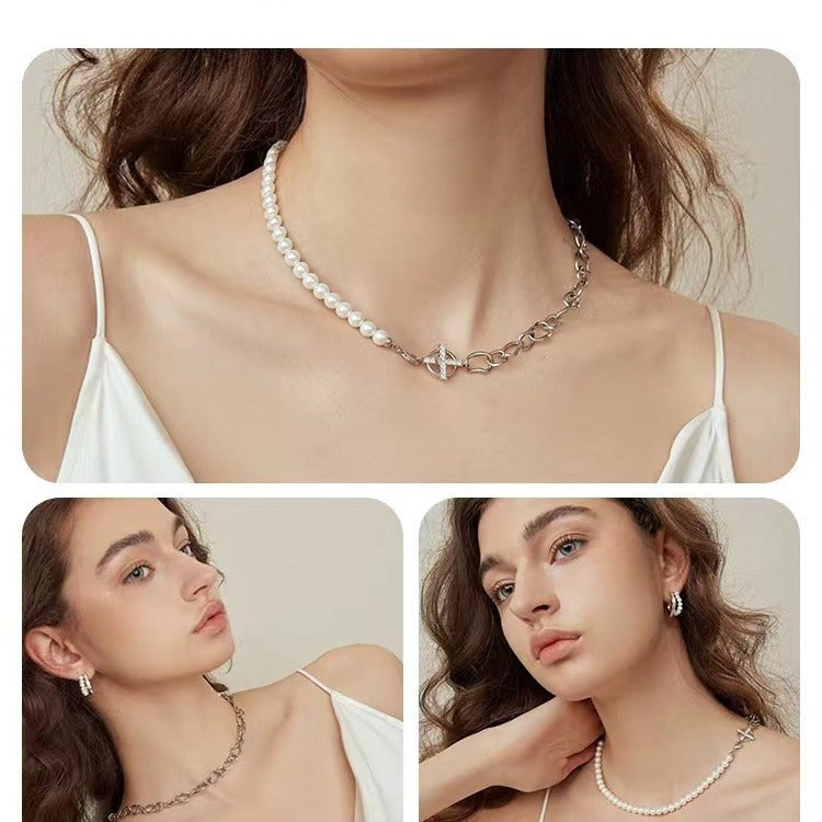 New Hoop And Pearl Chain Stitching Necklace
