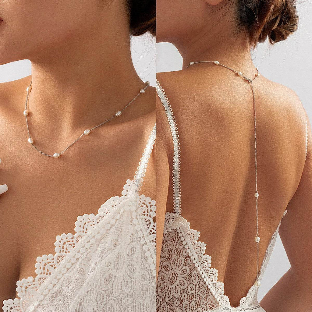 Delicate pearl necklace with lace lingerie, front and back view for elegant everyday wear