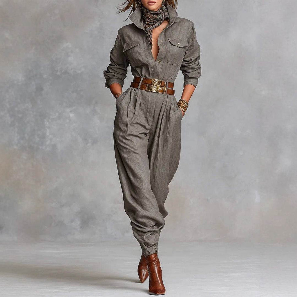 Gray linen jumpsuit with belt, scarf, and brown boots for women's everyday elegance