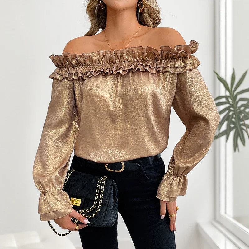 Off-shoulder Long Sleeve Golden Shirt