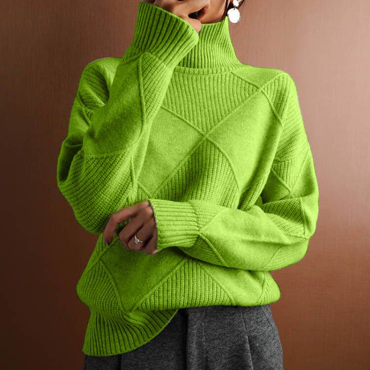 Bright green turtleneck sweater with diamond knit pattern, cozy women's fashion top