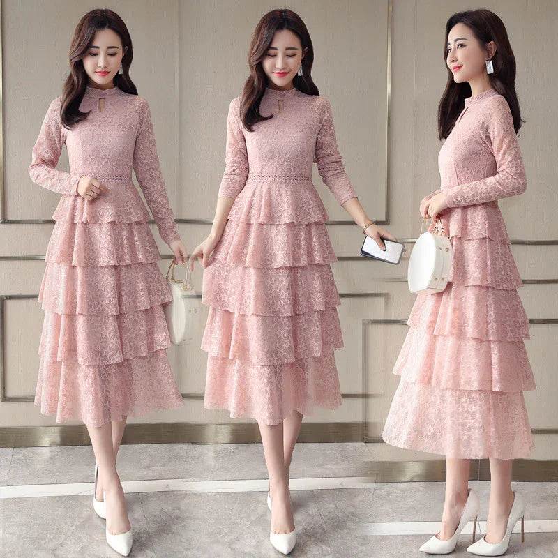 Pink lace tiered maxi dress with long sleeves, elegant for women’s everyday wear and special occasions