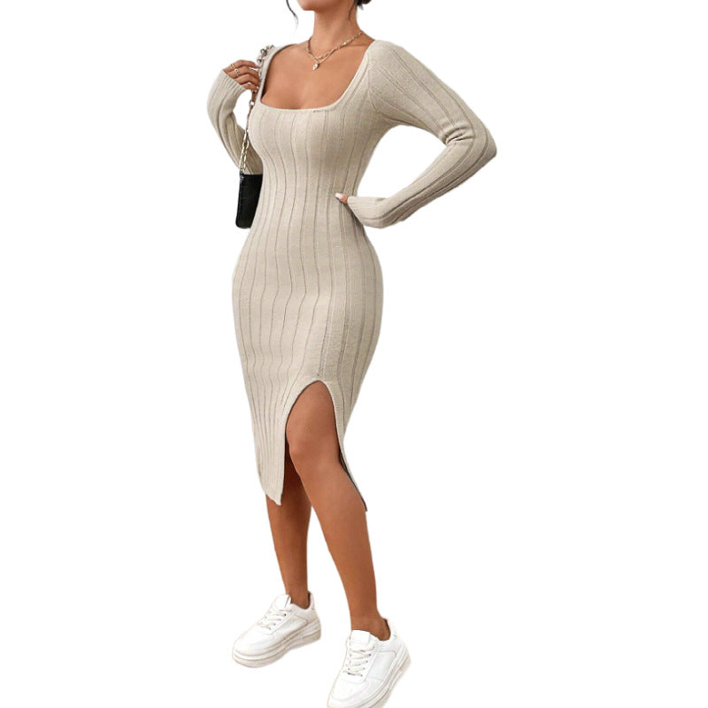Square Collar Long Sleeve Knitted Dress