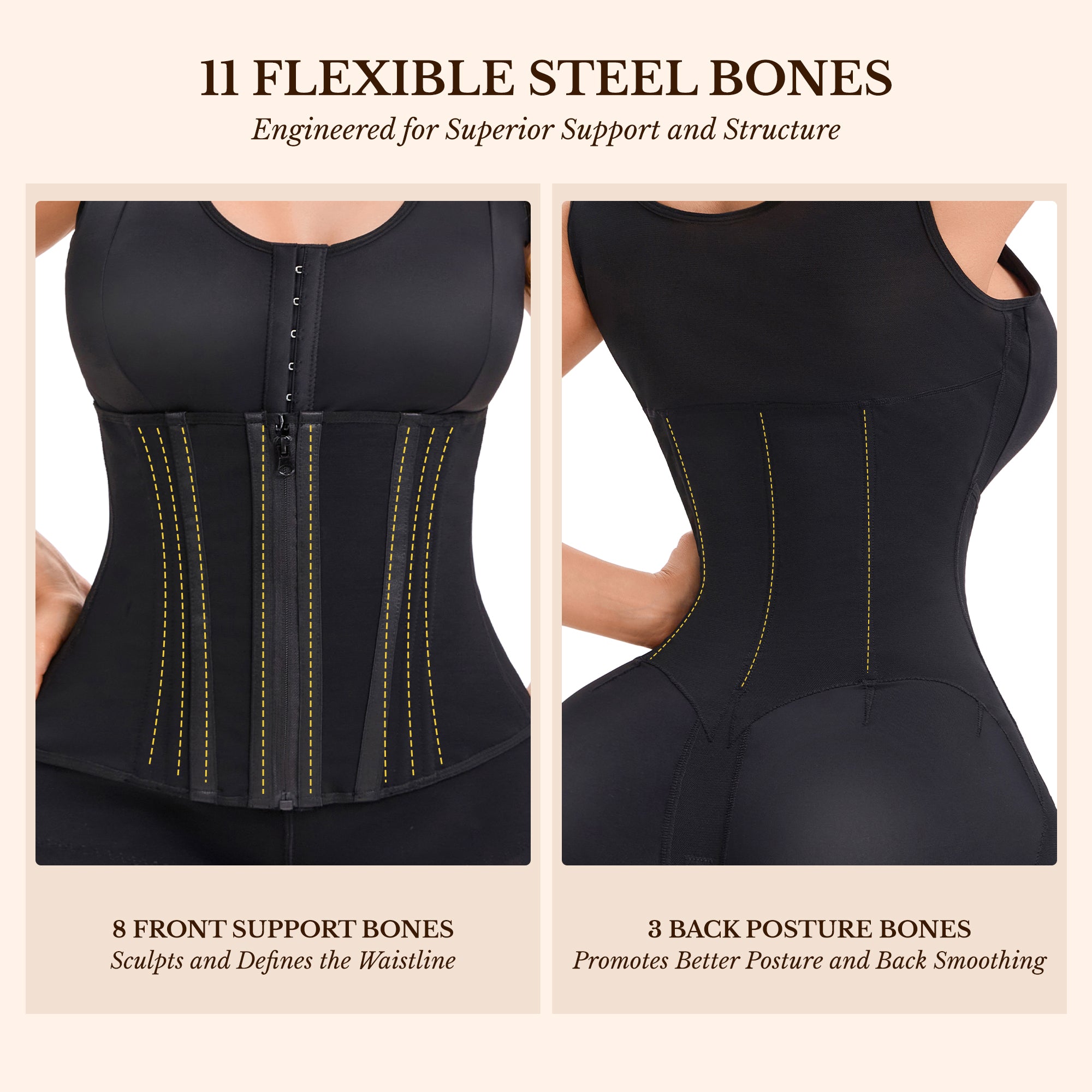 Front closure Colombian faja with zipper and hook support,
Breathable compression faja bodysuit with adjustable straps,
Front closure tummy control faja for women
