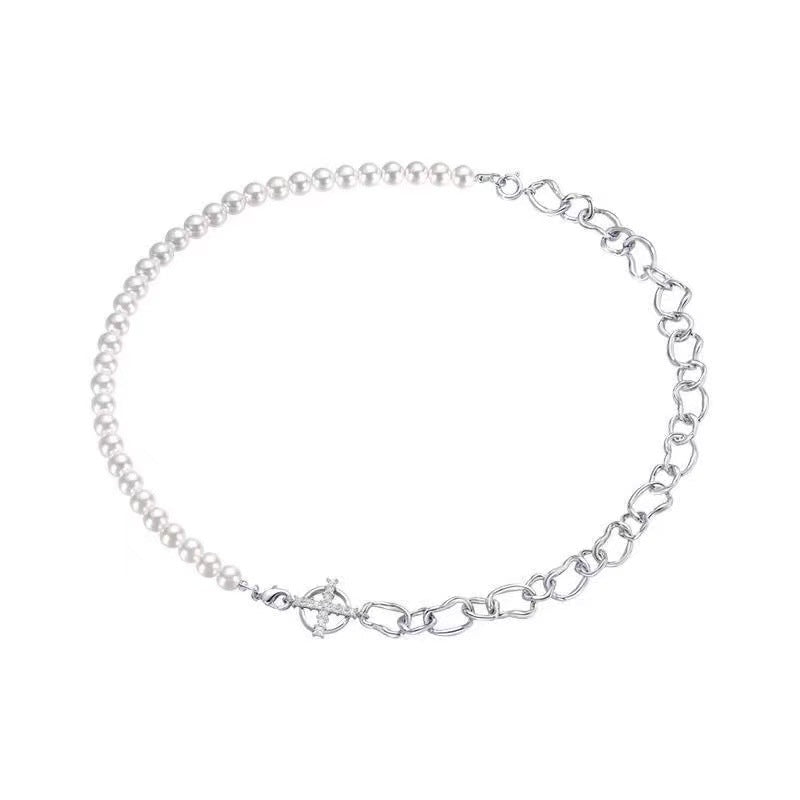 New Hoop And Pearl Chain Stitching Necklace