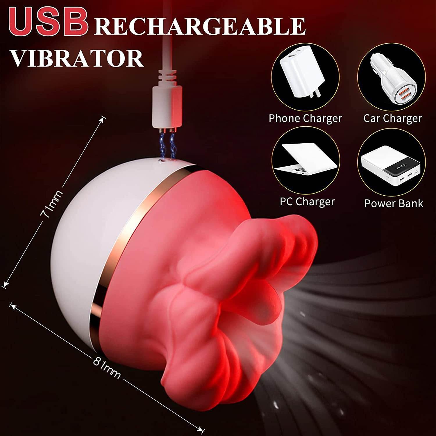 USB rechargeable pink vibrator with charging options and size specs