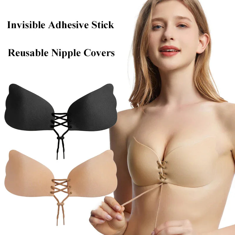 Invisible adhesive stick reusable nipple covers in black and nude, perfect for strapless outfits and everyday elegance.