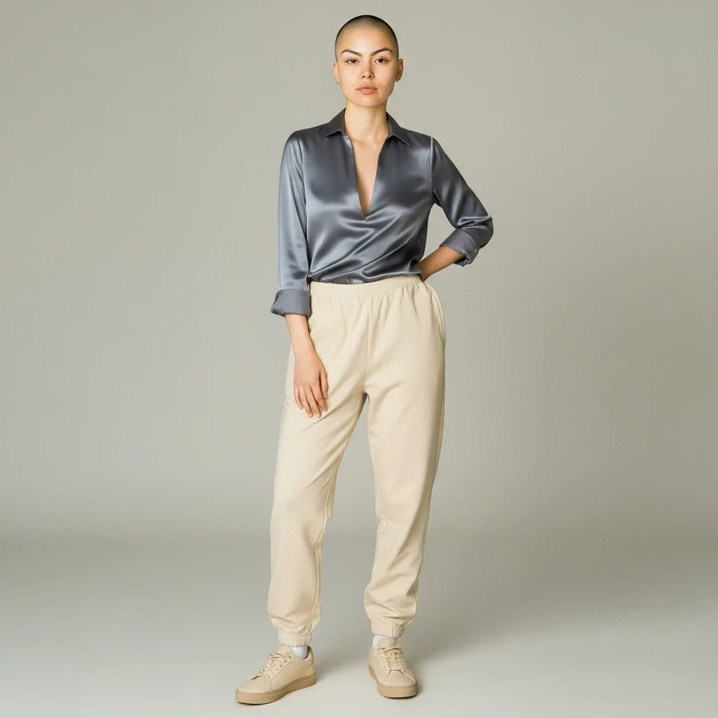Ladies' Silver Satin V-neck Fashionable Shirt
