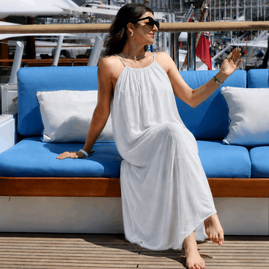 Backless Cami Maxi Dress for Vacation & Honeymoon - White Colour