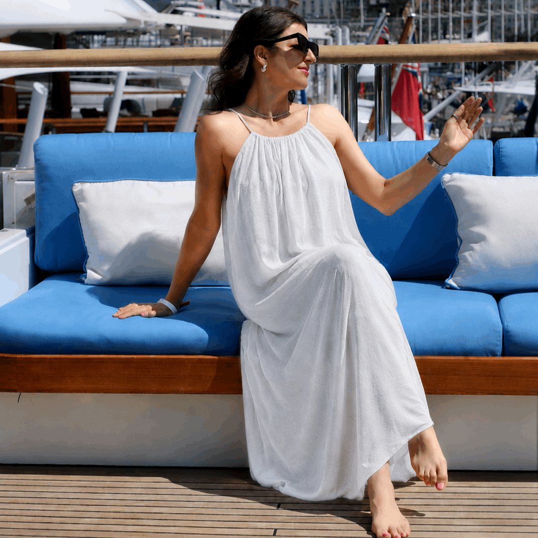 Backless Cami Maxi Dress for Vacation & Honeymoon - White Colour