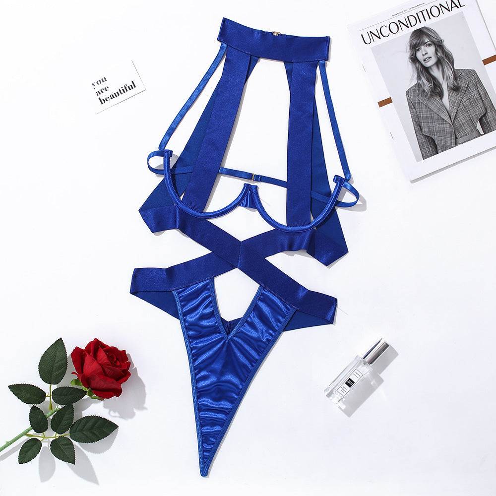 Blue cutout lace bodysuit lingerie with elegant strappy silhouette
