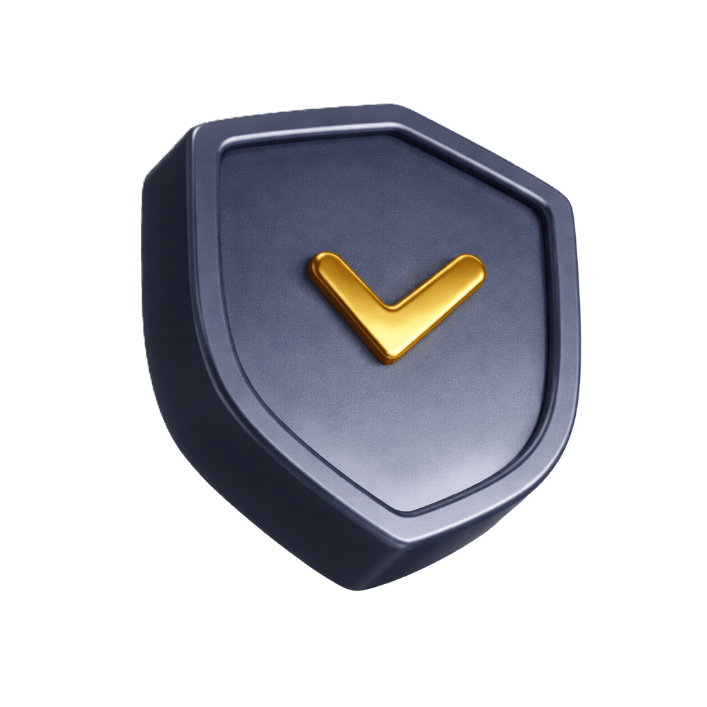 Blue shield with gold checkmark symbolizing security and approval