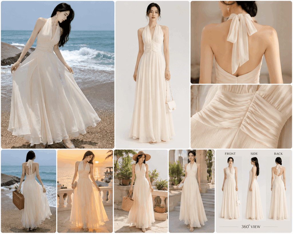 Off-White Halter Maxi Dress for Women – Elegant Sleeveless Backless Summer Dress