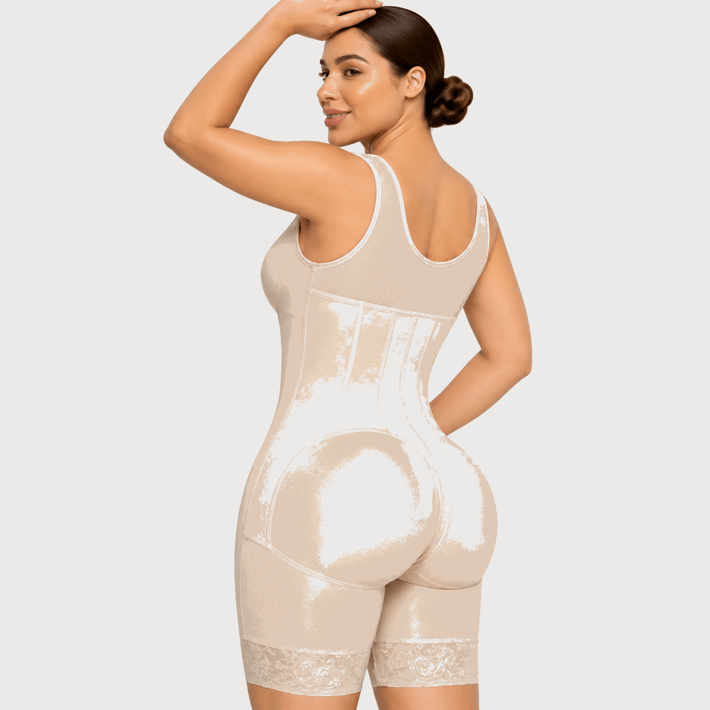women wearing Colombian_Faja_Shapewear_Beige colour  tummy contri ol and butt lifting back side view of model