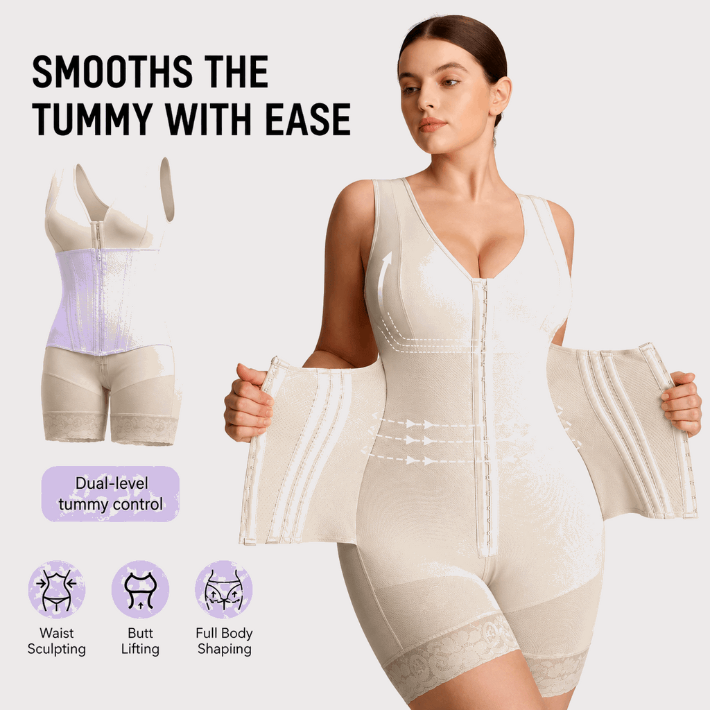 Women wearing Beige Colombian_Faja_shapewear shows Smooth the tummy with EASE and Dual level tummy control,