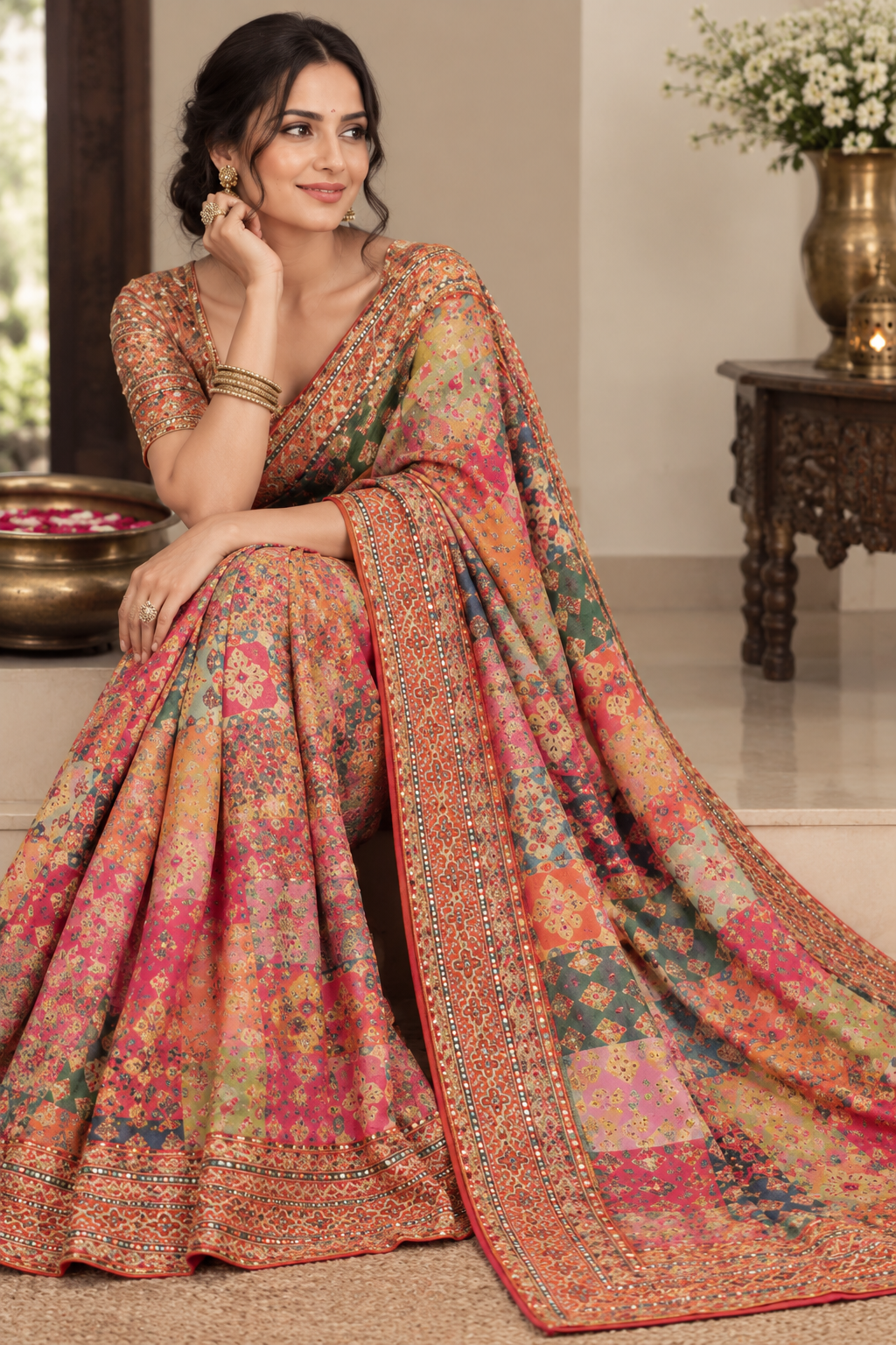 Multicolor Floral Digital Print Silk Blend Saree with Designer Border & Unstitched Blouse