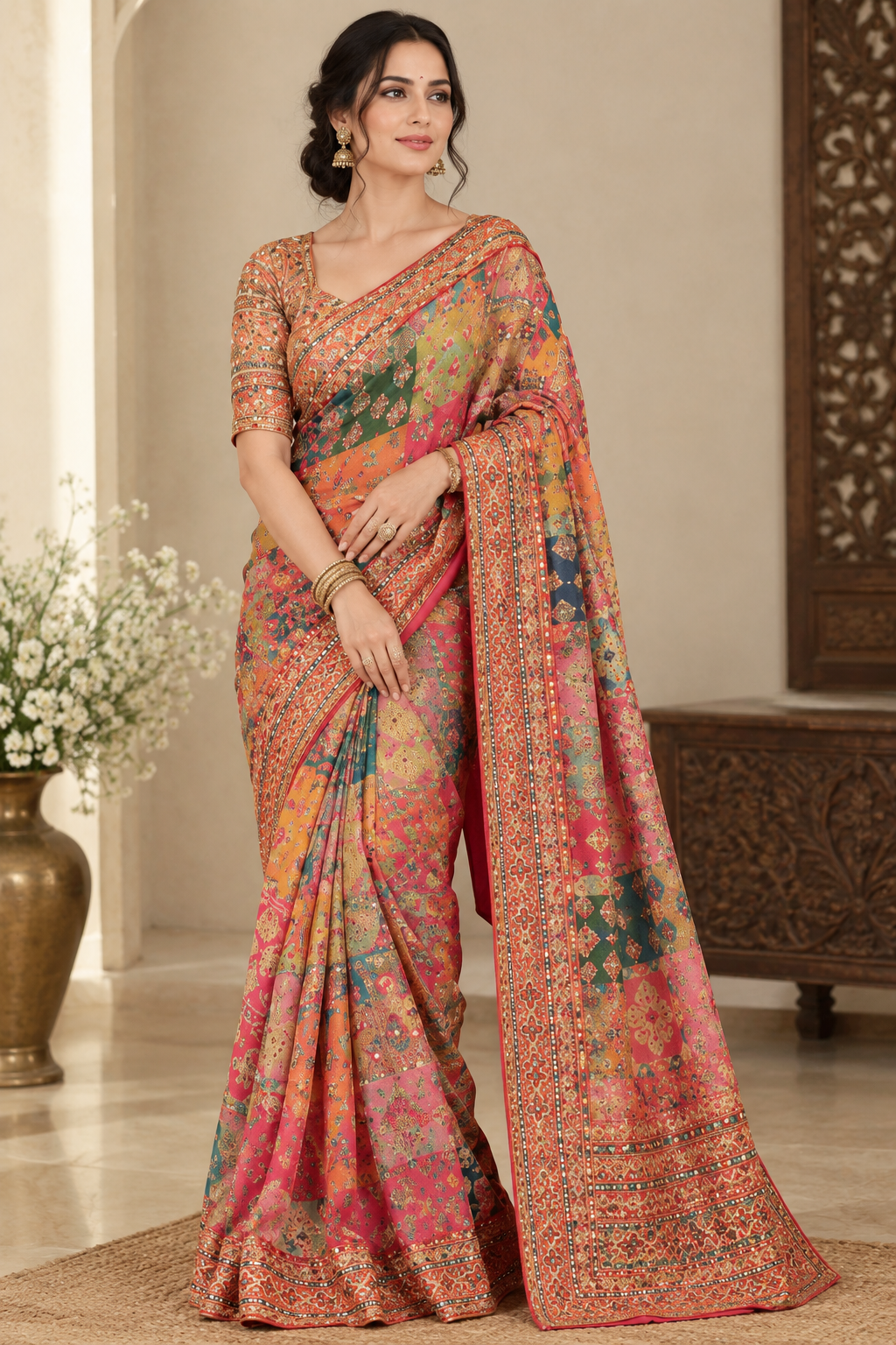 Multicolor Floral Digital Print Silk Blend Saree with Designer Border & Unstitched Blouse