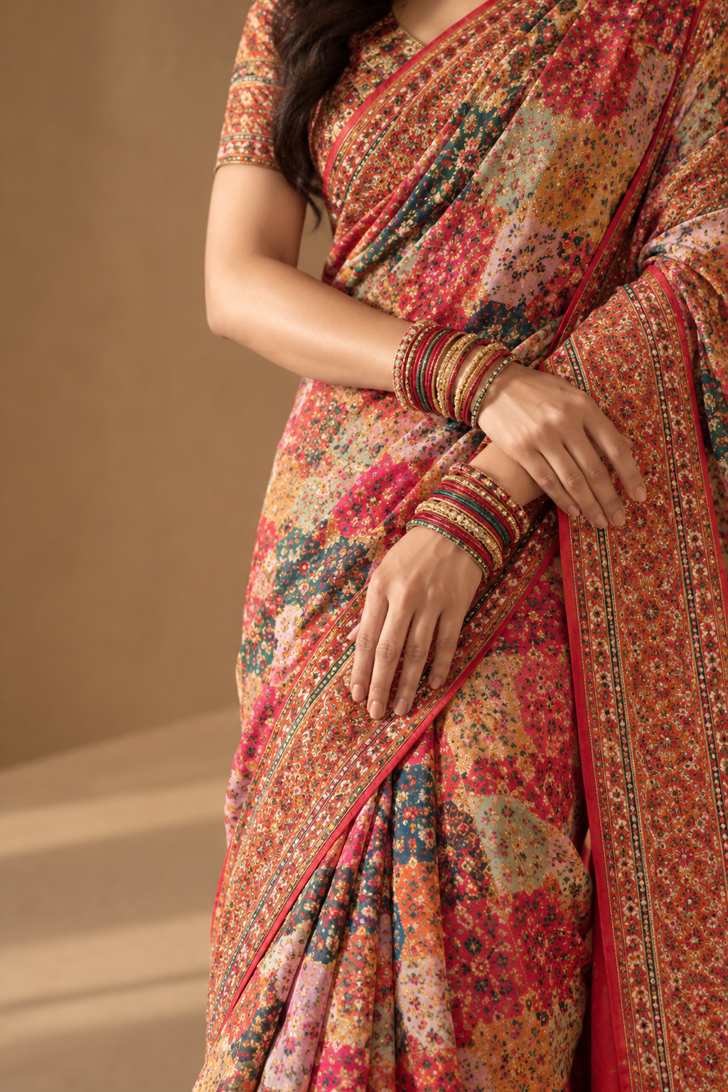 Multicolor Floral Digital Print Silk Blend Saree with Designer Border & Unstitched Blouse