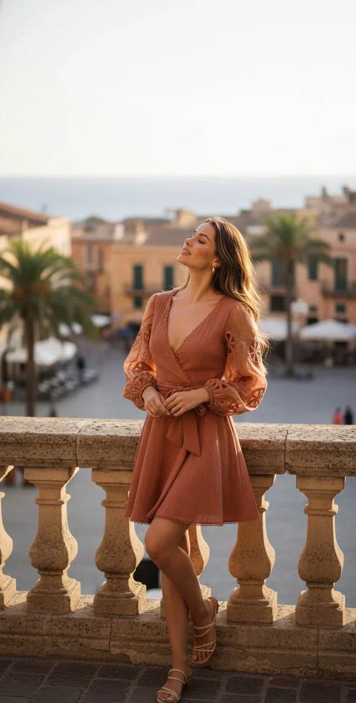 Woman in elegant terracotta wrap dress with lace sleeves, standing on balcony overlooking coastal town