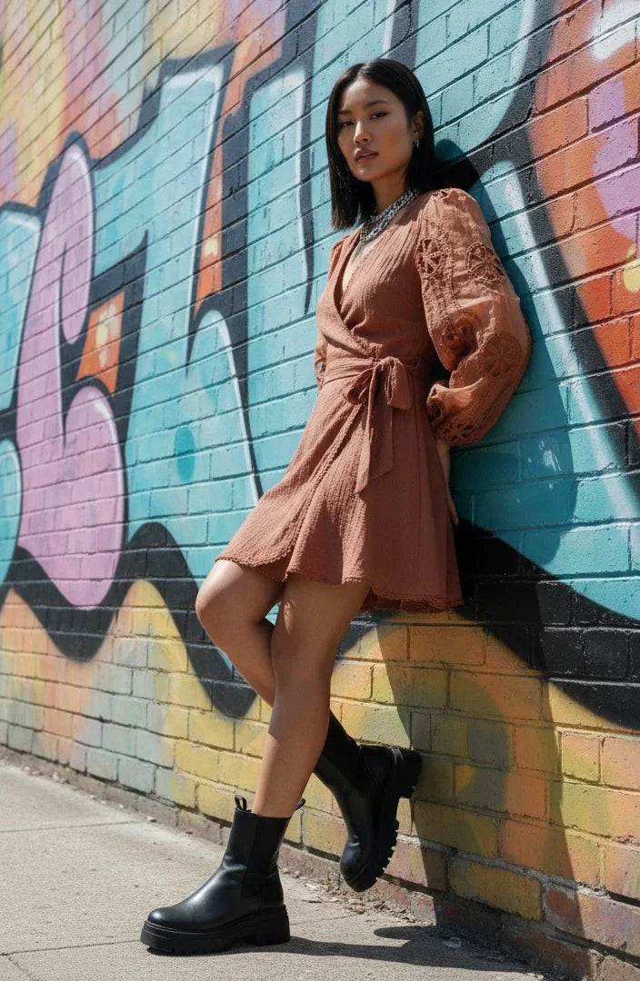 Woman in rust wrap dress with lace sleeves and black boots, leaning against colorful graffiti wall