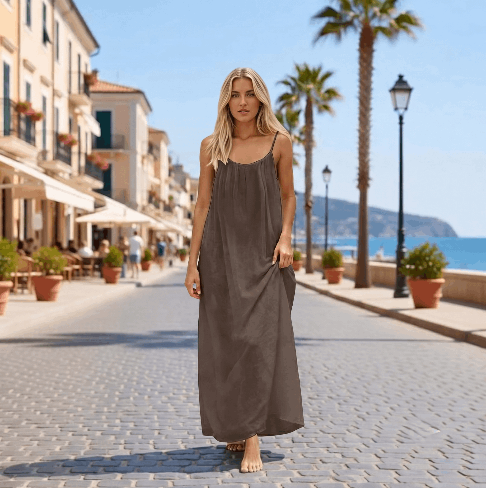 Backless Cami Maxi Dress for Vacation & Honeymoon - Grey Colour Dress View