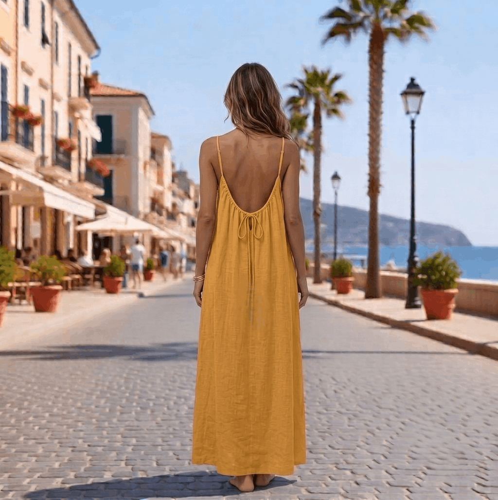 Backless Cami Maxi Dress for Vacation & Honeymoon - Golden Back View