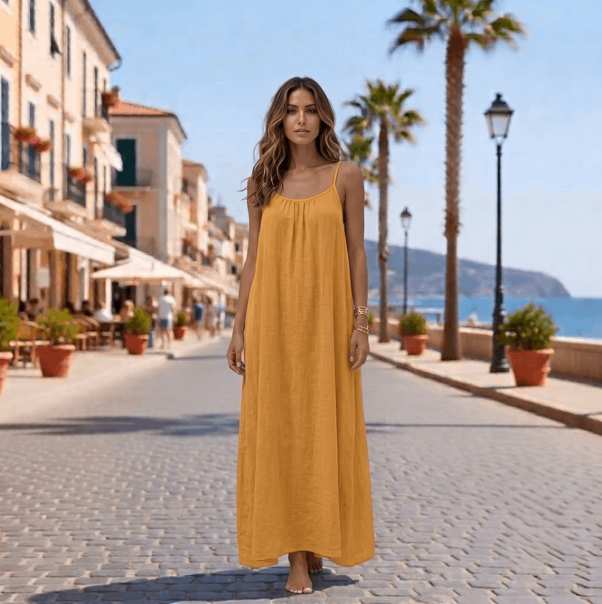 Backless Cami Maxi Dress for Vacation & Honeymoon - Yellow Colour