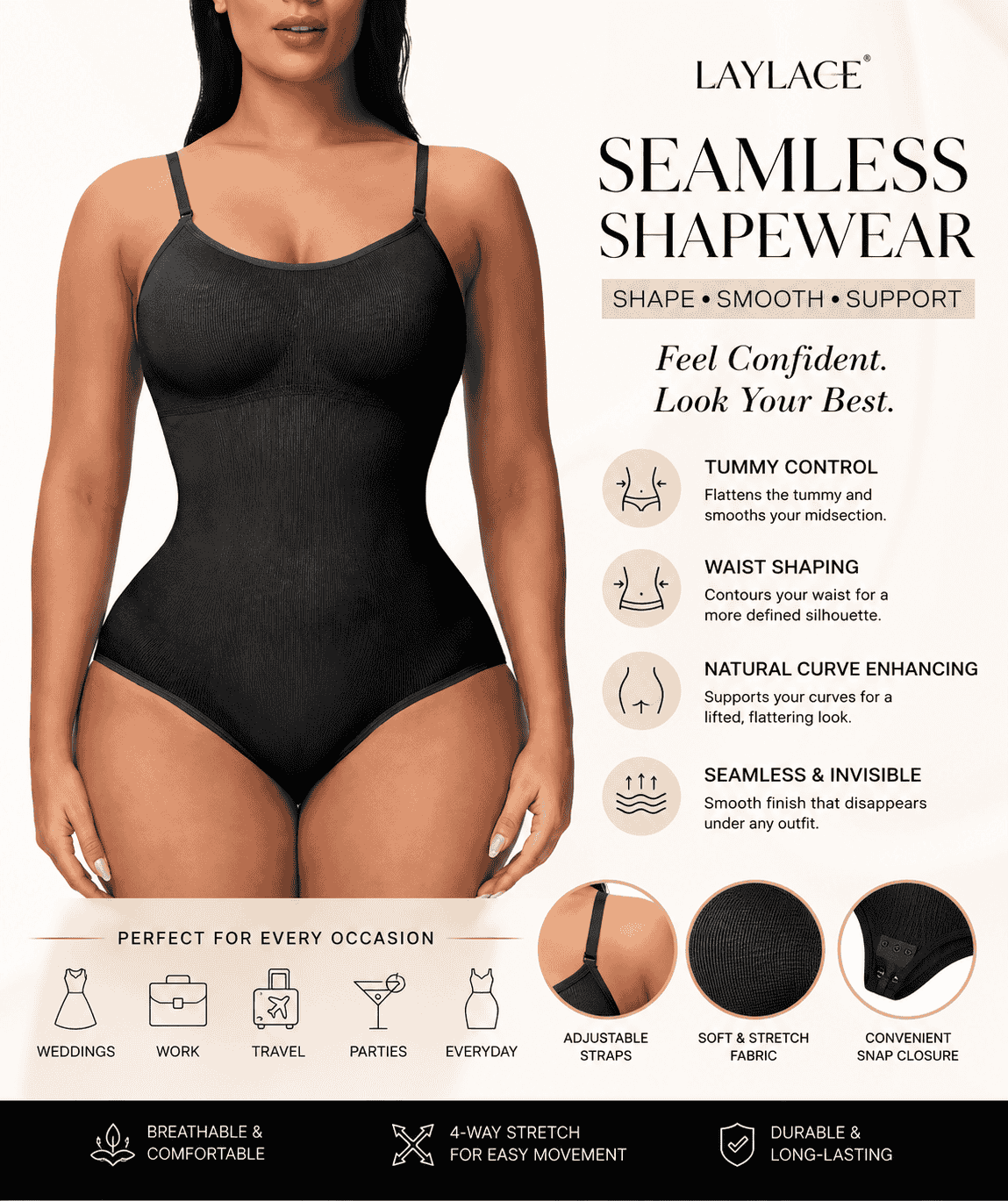 Product details of Laylace one piece shapewear bodysuit with soft stretch fabric, seamless fit, and curve shaping design for women