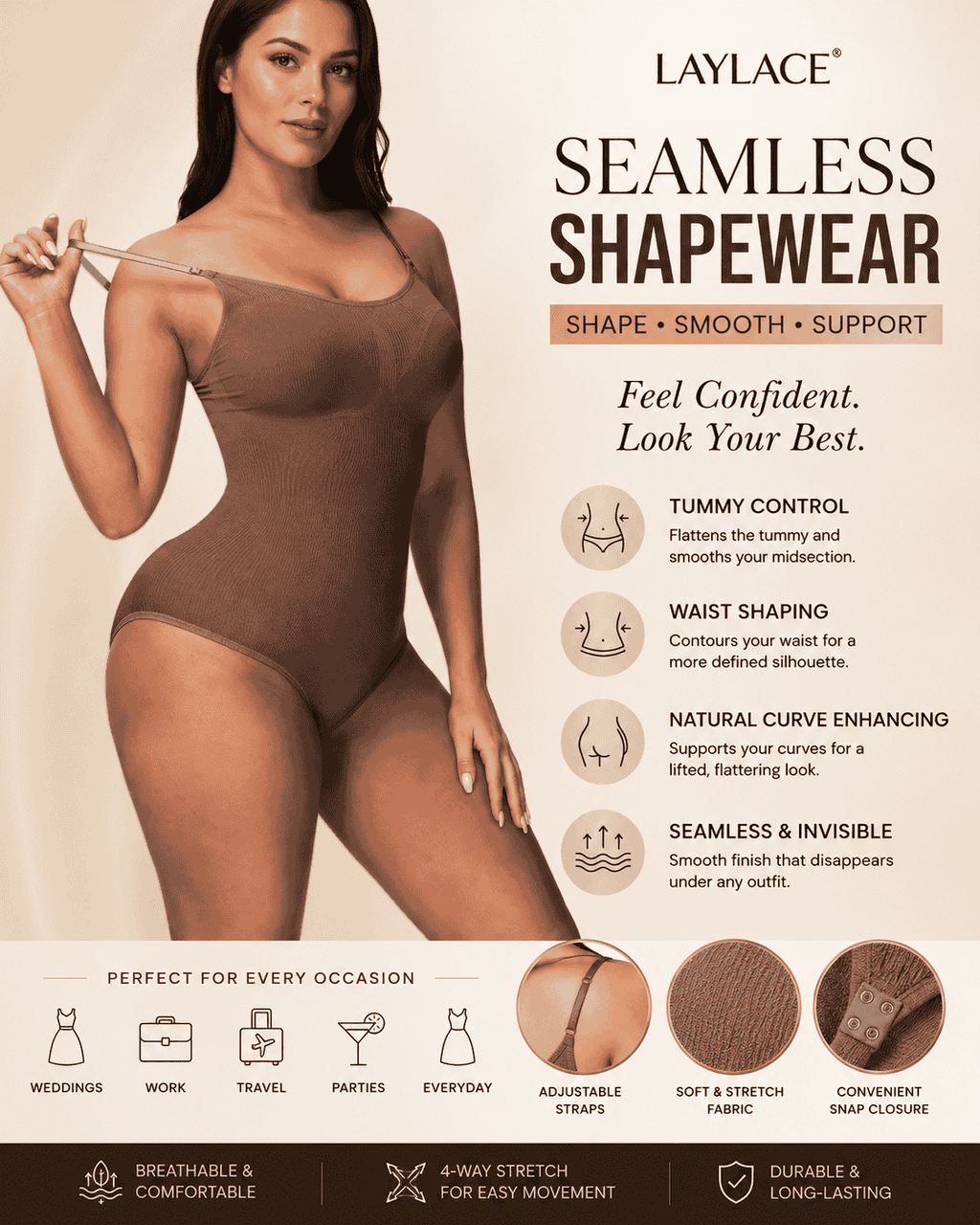 Laylace seamless shapewear bodysuit product specification showing tummy control, waist shaping, adjustable straps, and body smoothing support