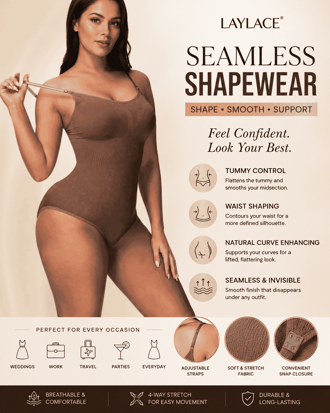Laylace seamless shapewear bodysuit product specification showing tummy control, waist shaping, adjustable straps, and body smoothing support